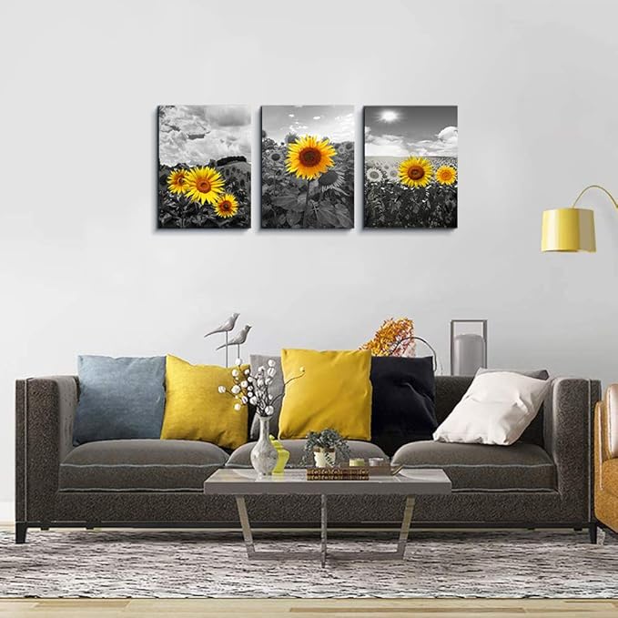 Canvas Wall Art For Living Room Family Wall Decor For Kitchen Black And White Pastoral Scenery Sunflower Flowers Bedroom Wall Painting Home Decoration Bathroom Wall Pictures Artwork 16x12 3 Piece