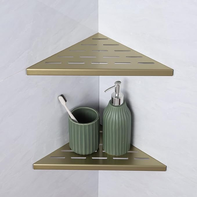10" Corner Shower Shelf, 2-Pack Bathroom Shelves for Tile Walls, SUS304 Stainless Steel Recessed Shower Shelf, Grout in Corner Organizer Shelves, Brushed Gold