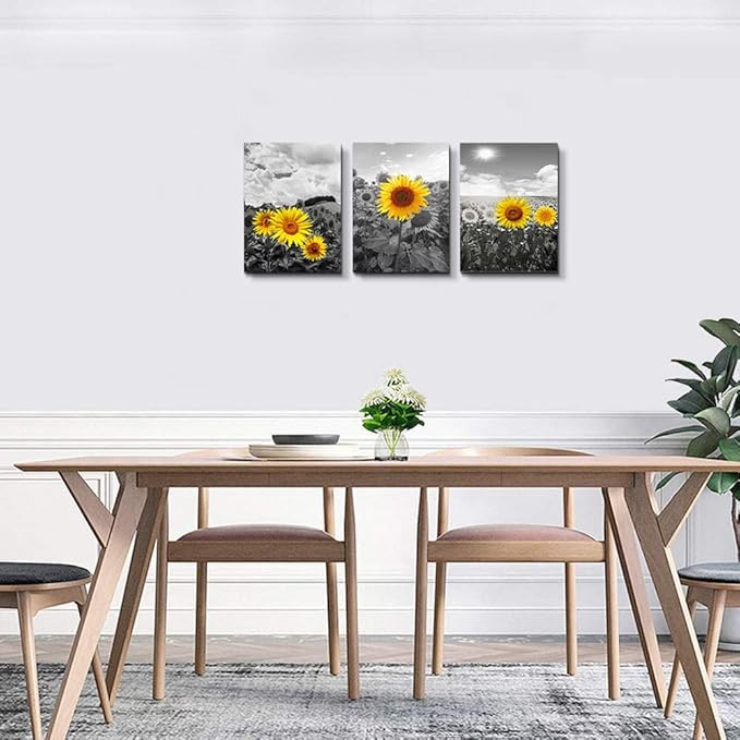 Canvas Wall Art For Living Room Family Wall Decor For Kitchen Black And White Pastoral Scenery Sunflower Flowers Bedroom Wall Painting Home Decoration Bathroom Wall Pictures Artwork 16x12 3 Piece