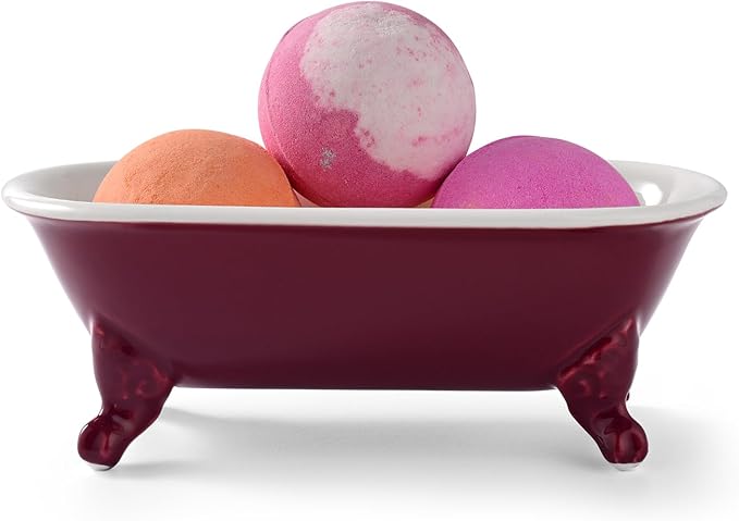 6.5" Ceramic Mini Decorative Clawfoot Bathtub Bar Soap Dish, Kitchen Sponge Holder and Shower Tray for Bathroom, 1 Pack(Burgundy)