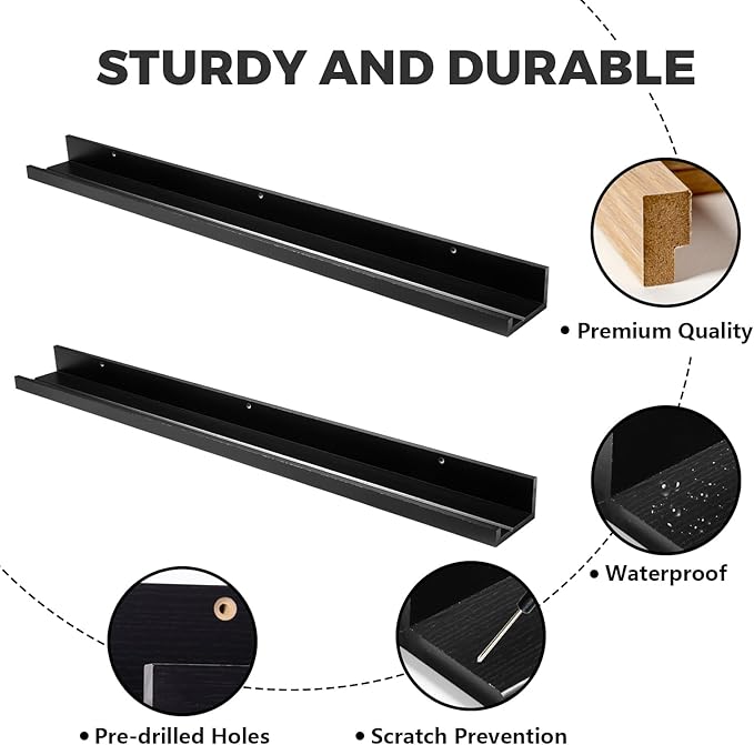 Muzilife 45.3" Large Floating Wall Ledge Shelves with Lip - Set of 2 Wood Floating Shelves - Black Wall Mounted Picture Ledge for Office, Bathroom, Bedroom, Living Room, Kitchen