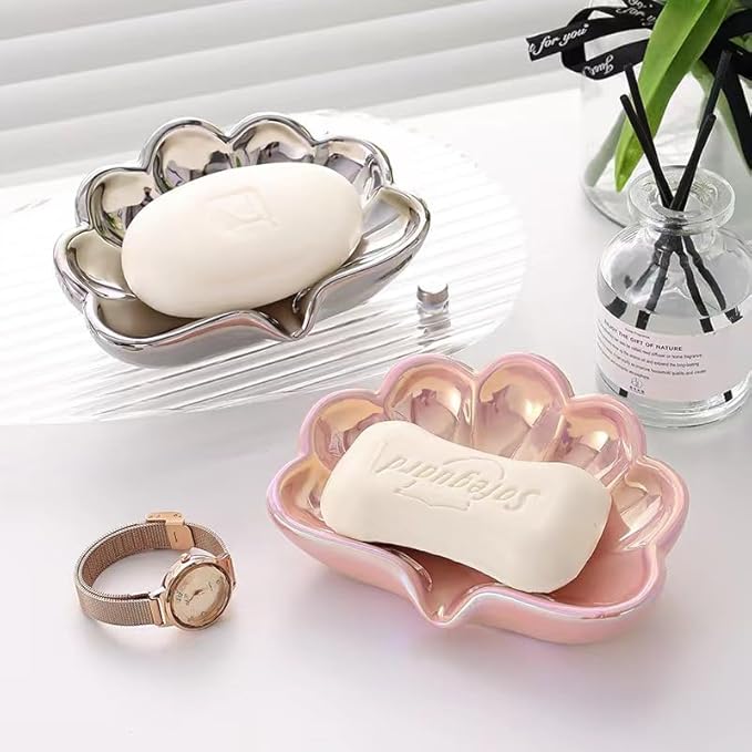 Seashell Ceramic Soap Dish for Bathroom - Efficient Drainage System Prevents Soap Melting, Non-Slip Base with Jewelry Holder, Crack-Resistant Shower Safe Design (White)