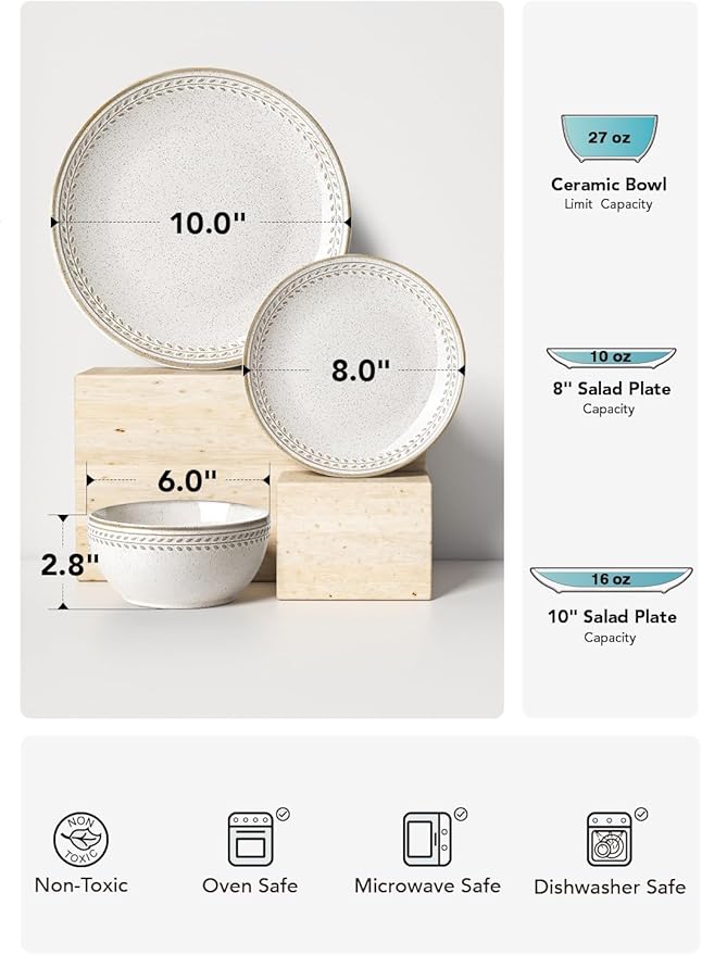 LE TAUCI Dinnerware Sets for 4, Stoneware 12 Piece Ceramic Plates & Bowls | Oven/Dishwasher/Microwave Safe | Ideal for Housewarming | Reactive Beige (10" Plate+8" Dish+27oz Bowl)