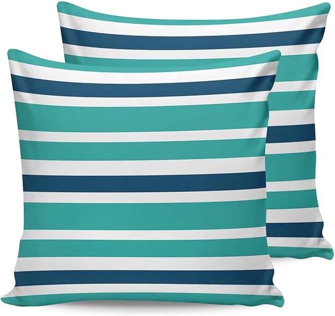 Outdoor Waterproof Throw Pillow Covers Set of 2 Navy Blue Turquoise Stripes Decorative Outdoor Pillows Cushion Case 20x20 Inch Teal Striped Patio Pillows for Couch Sofa Bed Garden Office Home Decor