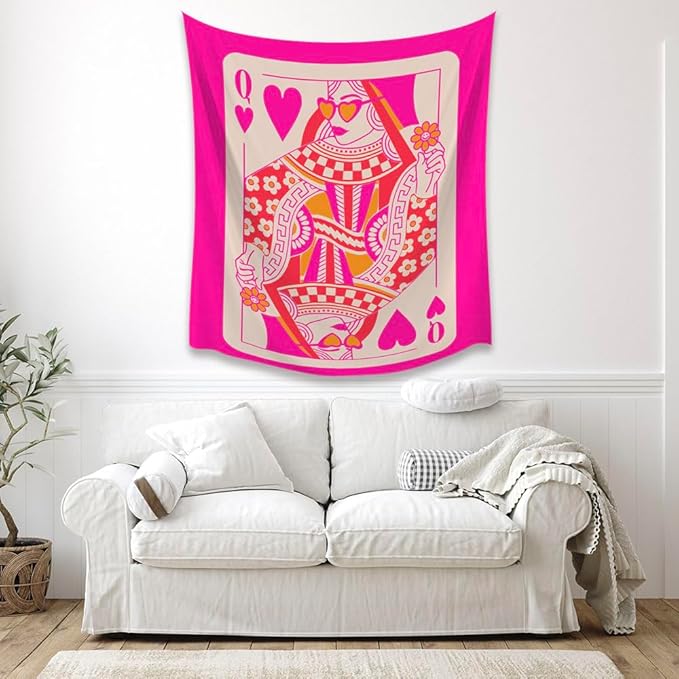 Queen Of Hearts Pink Trend preppy room decor Tapestry wall art Boho Wall Decor Vintage Hanging with Wall Aesthetic Tapestry Trendy Wall for Living Room Bedroom and Dorm Decor 70x90inch 
