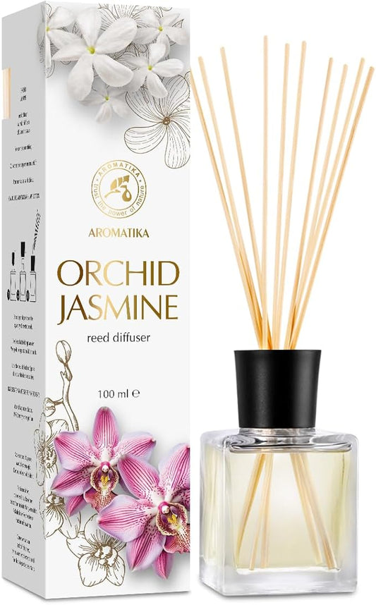 Reed Diffuser Orchid-Jasmine 3.4 Fl Oz - Fresh & Long Lasting Fragrance - Gift Set with 10 Bamboo Sticks - Good for Aromatherapy - Spa - Home - Kitchen - Bath - Office