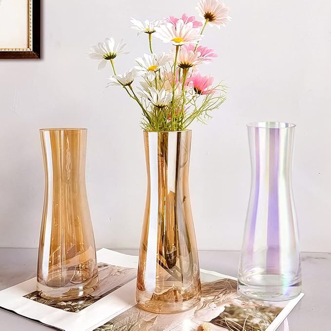 Aoderun Flower Vase for Decor 10" Clear Glass Vase for Centerpieces Large Vases for Flowers Dried Flower Home Decor Living Room Kitchen Office Wedding(Amber)
