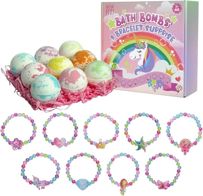 Bath Bombs for Kids Girls, KAV Surprise Bracelet Inside 9 Pcs Natural Organic Fizzy Unicorn Bathbombs, Princess Fun Bubble Kit Bath Bomb, Easter Basket Stuffers Girls, Multicolor