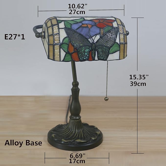 Tiffany Style Bankers Table Lamp Stained Glass Piano Desk Lamp Vintage Bedroom Bedside Lamp for Study,Antique Alloy Base,Zipper Switch,Butterfly