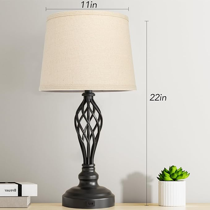 PARTPHONER Set of 2 Table Lamps with USB Port, Farmhouse Bedside Lamps with 3-Color Temperature, Nightstand Lamp Large Cream Drum Shade Spiral Cage Base Desk Lamps for Living Room, Home Bedroom