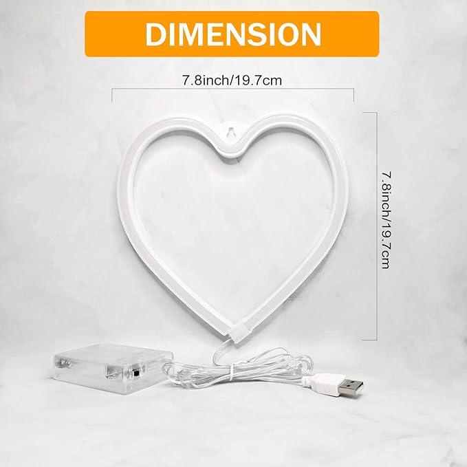 LED Light Neon Sign Room Decor - Yellow Night Light for Valentines Day - Hanging USB/Battery Operated Heart Lights for Window (Warm White)