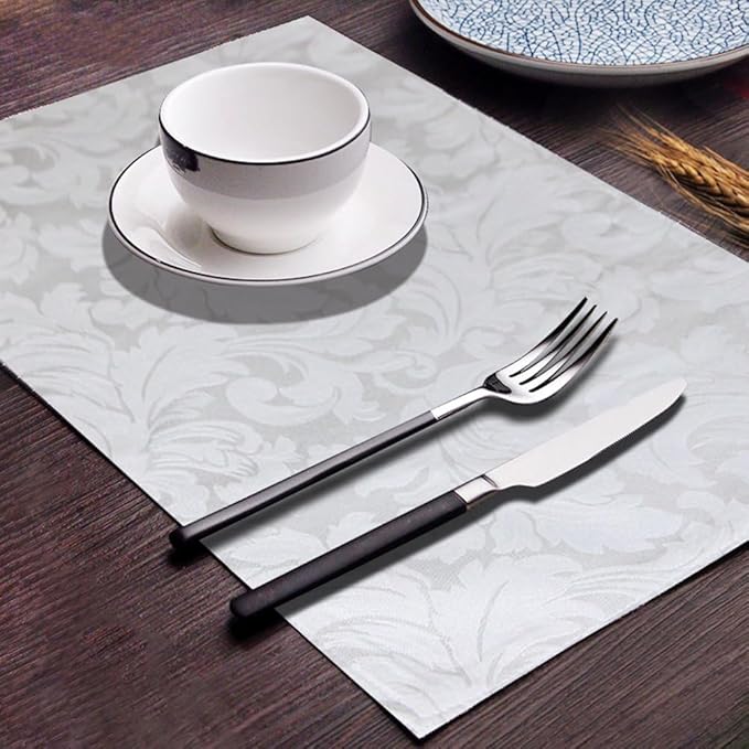 ColorBird Scroll Damask Jacquard Placemats Set of 4, Heat Resistant Washable White Placemats for Dining Table, Microfiber Fabric Table Mats, 13 x 19 Inch