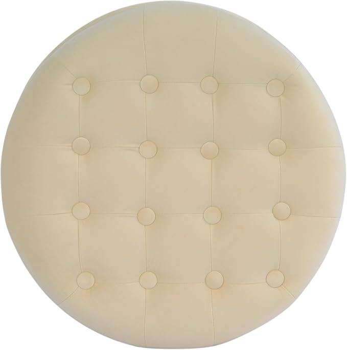 Homepop Home Decor | Upholstered Round Velvet Tufted Foot Rest Ottoman | Ottoman with Storage for Living Room & Bedroom | Decorative Home Furniture, Cream Small