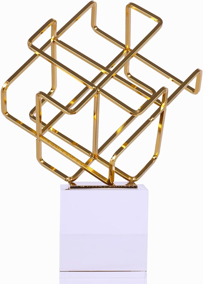 DOVDOV Gold Geometric Decoration, Metal Geometric Knot Statue with Crystal Base, Unique Home Decor for Room Office Display Shelf Entryway Model Home Decor