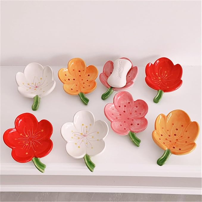 Ankah Decorative Ceramic Soap Box, Flower Shape Soap Dish, Self-Draining to Keep Dry Stop Mushy Soap Holder, Easy Cleaning, Best for Shower Bathroom and Kitchen (Peach Blossom, Red)