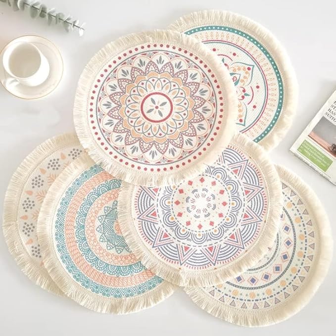 Kitchen Table Placemats Set of 6 with,Round HandmadeWoven Fringe Placemat,for Dining Room, Kitchen, Place Mats for Parties,Use-Size 13×13 Inches