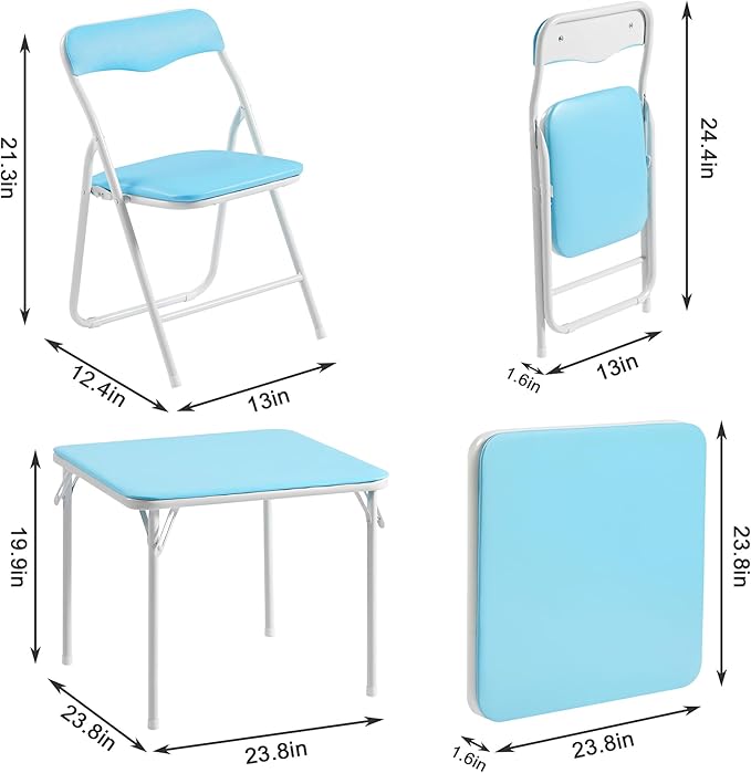 VECELO Folding Activity Table and Chairs 5 Pcs, Portable, with Ultra Soft PU Padded Cushion, 5 Piece Set, Blue