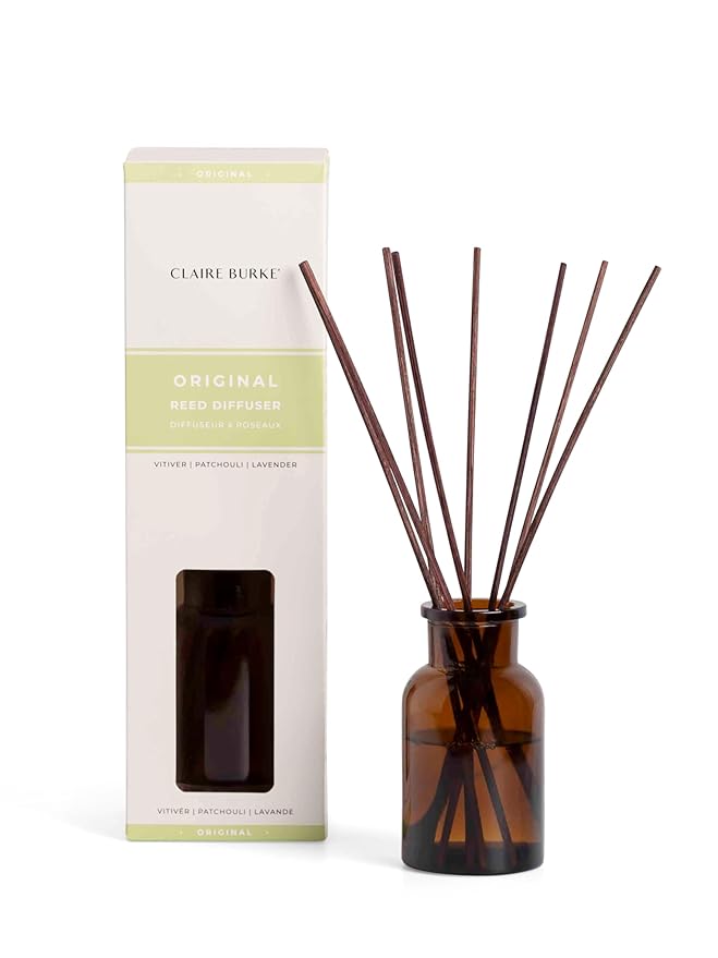 Claire Burke Original Reed Diffuser Oil Starter Kit with Amber Glass Vessel and Rattan Reeds for Home