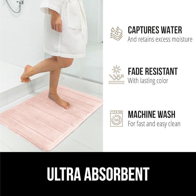 GORILLA GRIP Memory Foam Bath Mat, Soft Absorbent US Designed Bathroom Rug, Gripping Dots Machine Washable Bathmat, Cushioned Floor Mats, Shower Sink Rugs Room Décor Accessories, 24x17 Pink