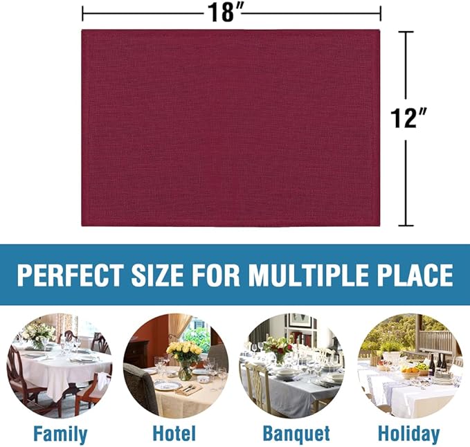 H.VERSAILTEX Linen Placemats Set of 8 Premium Solid Table Mats for Dining Table Spill-Proof Waterproof Heat-Resistant Kitchen Mats Washable, 12x18 inches, Christmas Red