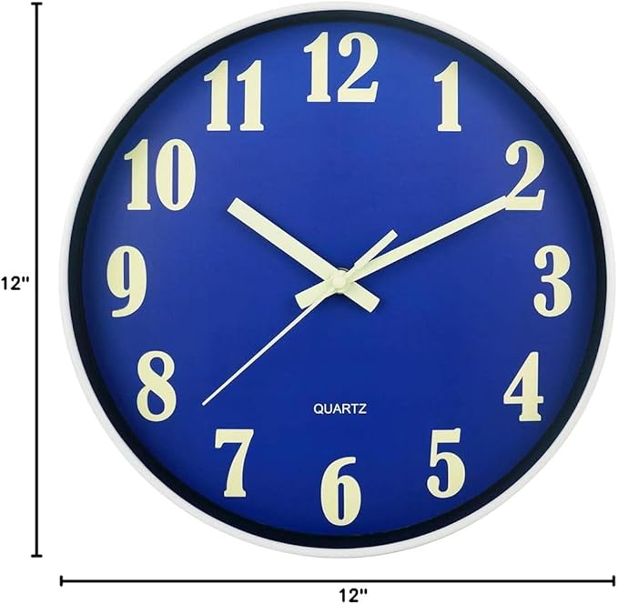 JoFomp Glow in The Dark Clock, 12 Inch Modern Silent Non Ticking Wall Clocks Battery Operated, Night Light Wall Clock for Living Room Decor, Wall Clock Decorative for Kitchen Bedroom (Blue)