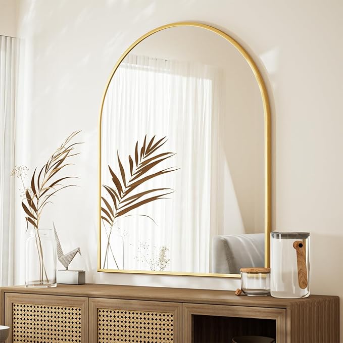 Arched Bathroom Mirror, 32x34 Inch - Wall Mounted Vanity Mirror with Aluminum Alloy Frame - Ideal for Living Room, Bedroom, Bathroom, and Entryway, Hanging or Leaning, Gold
