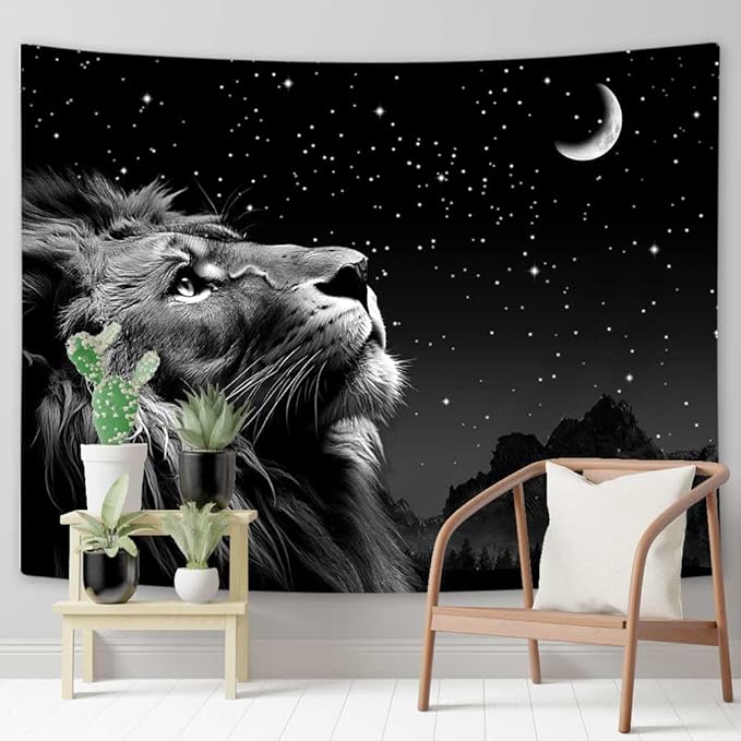 Boziqr Cool Lion Wall Hanging, Space Stars Moon Wall Art for Men, Aesthetic Black Wall Hanging for Bedroom, Living Room, Dorm Room Decor - 60x40 Inches