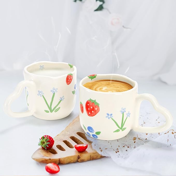 2 Pack Ceramic Coffee Mug, 10 Oz Cute Hot Chocolate Mugs with Heart Shaped Handle, Handmade Aesthetic Latte Cup for Women Girls, Tea Milk Cup Microwave Safe for Cocoa, Gift, Strawberry Floral