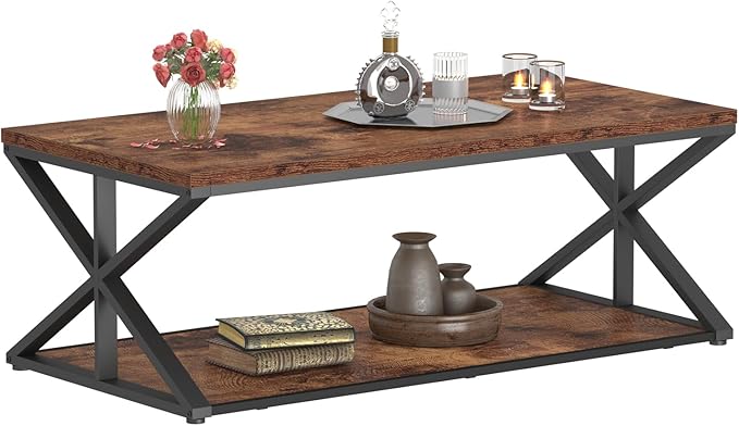 Coffee Table With Storage, Farmhouse Living Room Center Table, Modern Minimalist Rectangle, Industrial Vintage Wood Tea, 47 Inch, Rustic Brown