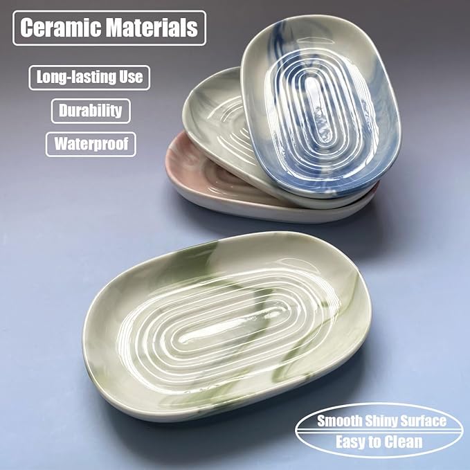 Soap Dish Ceramic, Decorative Ceramic Soap Holder with Unique Marble Textures, Bar Soap Holder for Shower, Bathroom, Kitchen, Tubs, Sink, Hotels, Counters (Pink Texture)
