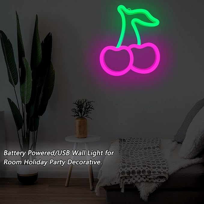 Cherry Neon Sign, Red Green Cherries Neon Lights, Cherry Neon Signs for Wall Decor, Cute Fruits LED Signs for Kids Room,Restaurant,Bar,Fruit Shop,Home Green+Pink