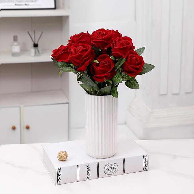 White Ceramic Vase for Flowers, Modern White Vase for Home Decor, Tall Ribbed Vase for Living Room, Office, Mantel, Bookshelf, Dining Table, 8 inches