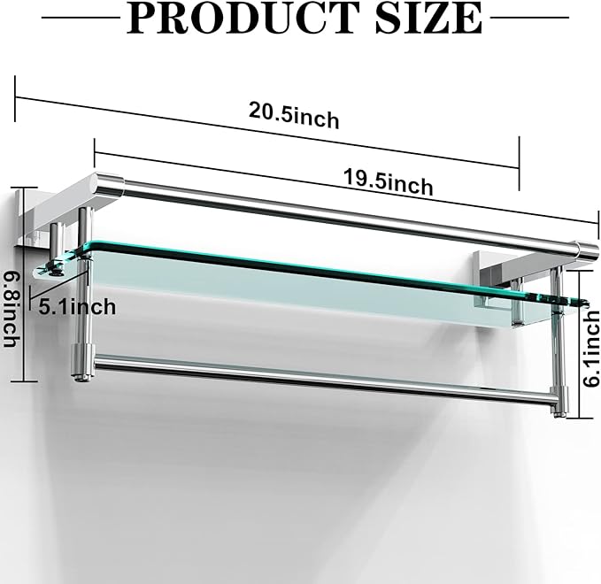 Bathroom Glass Shelf with Towel Rack Organizer Wall-Mounted Bathroom Storage SUS304 Stainless Steel Towel Bar/Track Wall-Mounted Tempered (Chrome Polished, 20-inch)