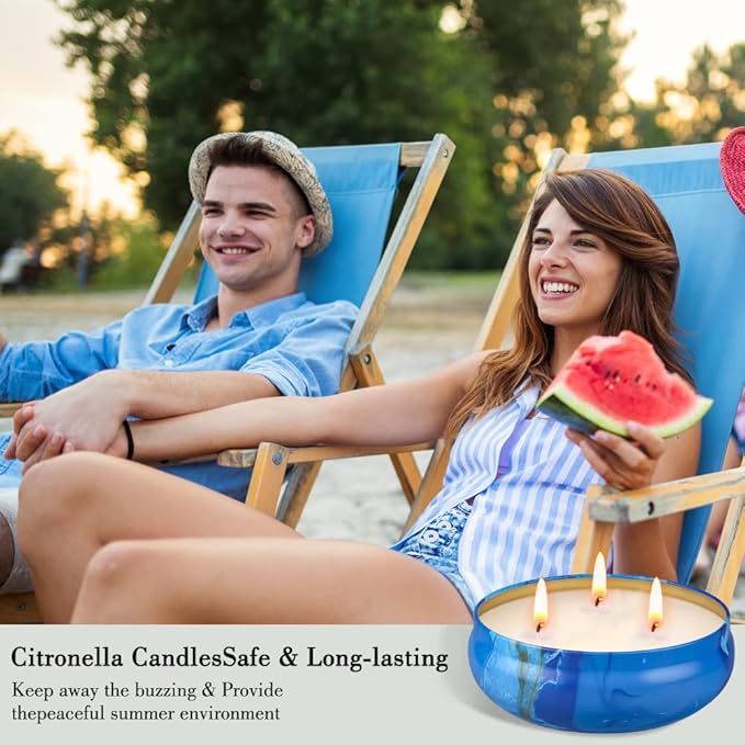 OFUN Large Citronella Candles Outdoor Decorative 55oz, Soy Wax Lemongrass Candle Set 3 Wick, Scented Jar Candle Bulk Up to 240hrs, 3 Pack Summer Camping Candles for Patio Garden Balcony