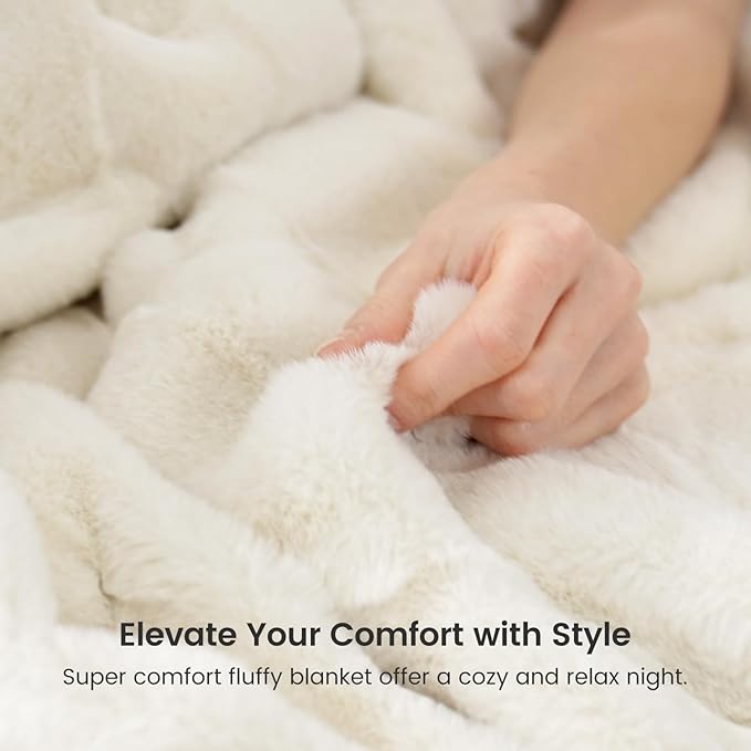 Cozy Bliss Fluffy Queen Size Throw Blankets for Bed,Lightweight Cozy Soft Cream White Faux Fur Throw Blankets for Sofa Bedroom Living Room,90x90 Inches