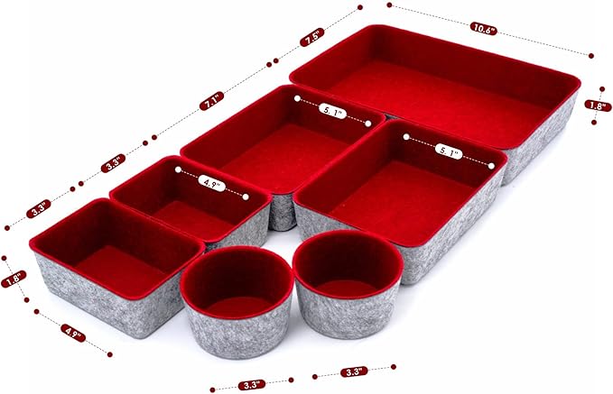 Welaxy Drawer organizers trays felt storage bins drawers dividers organizer boxes for office home interior cozy decor Gifts pack 7-pieces (Maroon)