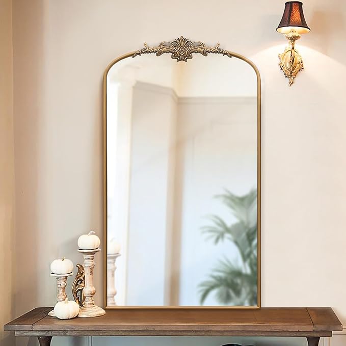Antaque Baroque Arched Mirror: 24"x42" Gold Vintage Wall Mounted Mirror - Traditional Ornate Metal Frame - Ideal for Entryway/Living Room/Hallway/Bathroom