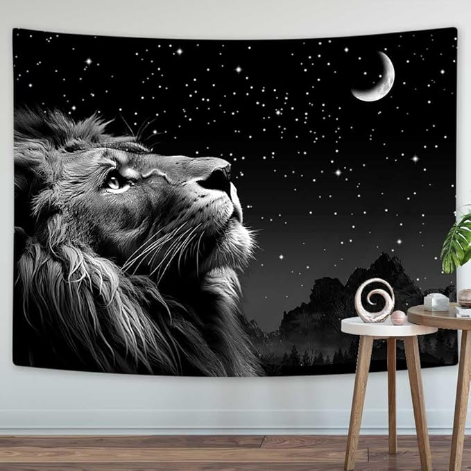 Boziqr Cool Lion Wall Hanging, Space Stars Moon Wall Art for Men, Aesthetic Black Wall Hanging for Bedroom, Living Room, Dorm Room Decor - 60x40 Inches