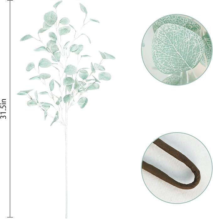 16Pcs Artificial Eucalyptus Leaves Stems 33.8’’ Long Silver Dollar Eucalyptus Faux Fake Foliage Plants Greenery Branches Bushes for Home Fireplace Office Party Decor