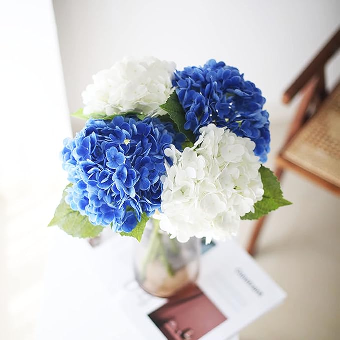 YalzoneMet 4Pcs Real Touch Hydrangea Artificial Flower Natural Lifelike 21'' Latex Long Stem Latex Hydrangea Flower Bouquets for Home Party Wedding Table Centerpiece Decor(2 White+2 Dark Blue)