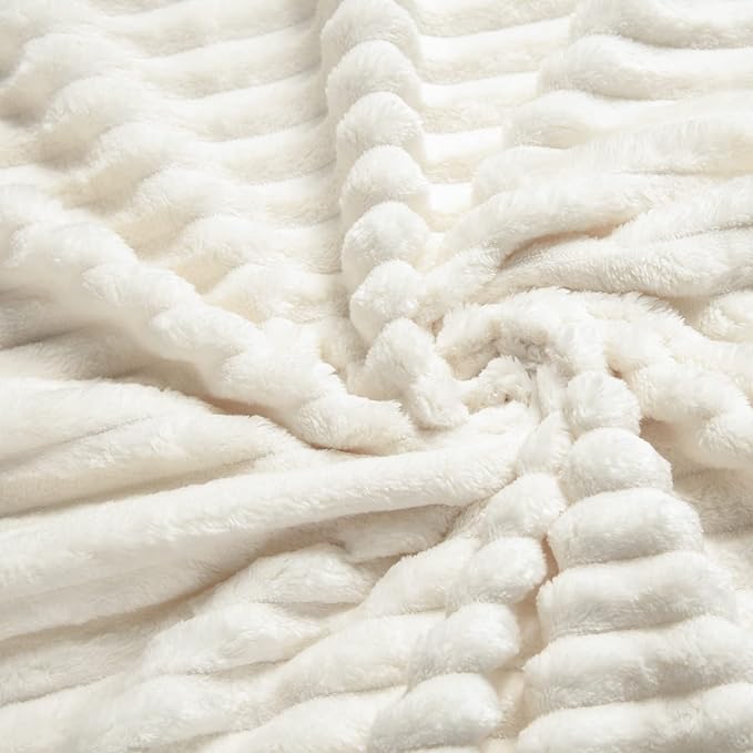 Vessia Flannel Fleece Throw Blanket for Couch,Sofa,Bed, 300GSM Microfiber Cream Striped Chair Blanket for Adults and Kids, Super Soft Warm Cozy Lightweight Ivory Ribbed Throw for All-Season