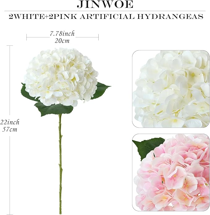 Silk Flowers Hydrangea Artificial Flowers, 4Pcs 22Inch Large Lifelike Faux Flowers, Full Fake Artificial Hydrangeas with Stems for Bouquet Table Centerpieces Home Decoration (White/Pink)