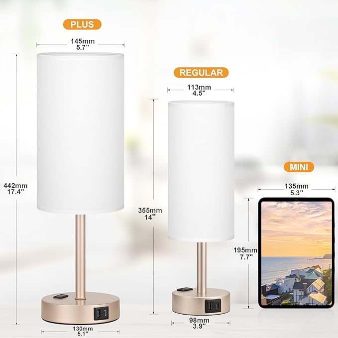 17inches Tall Touch Bedside Table Lamps Set - 3 Way Dimmable Bedroom Lamp Set of 2 with USB C and A Ports, Lamps for Nightstand with AC Outlet, Gold Base Round Flaxen Shade for Desk, Office, Dorm