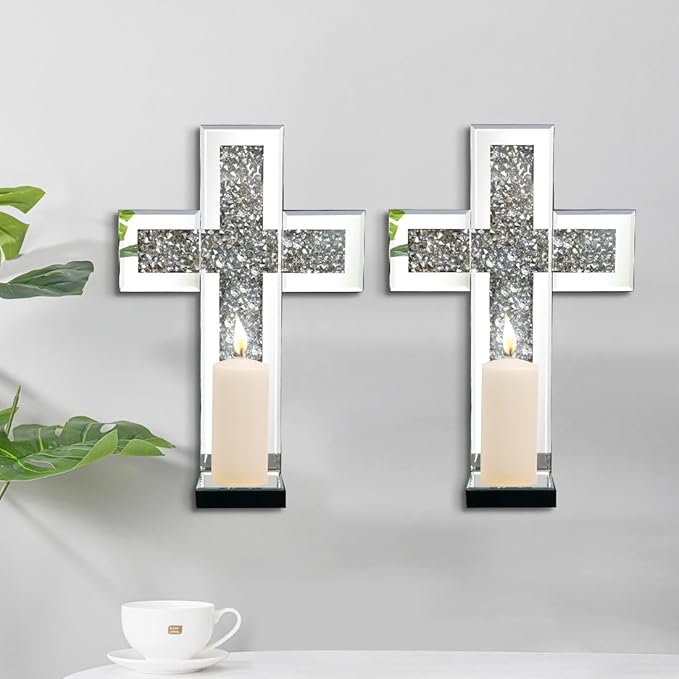 Crystal Crush Diamond Mirrored Candle Sconces, Silver Wall Candle Holder Set of 2, Wall Decoration for Living Room,Dining Room (Silver Cross)