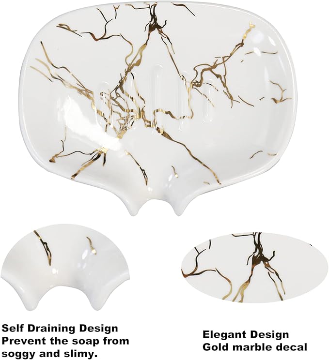 Gold Marble Texture Soap Dish Ceramic Soap Holder Self Draining Soap Dish Waterfall Slot Sponge Holder Bathroom Accessories for Bathroom, Kitchen,Bar Counter.