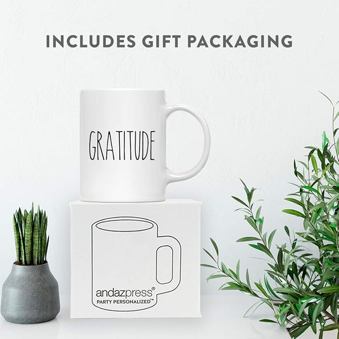 Andaz Press Simple Rustic Farmhouse Kitchen Decor 11oz. Ceramic Coffee Tea Mug Gift, Gratitude, 1-Pack, Includes Gift Box, Minimalist Birthday Christmas Gift Ideas