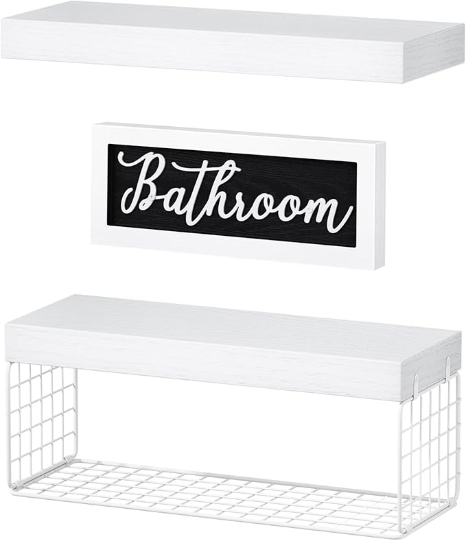 QEEIG Bathroom Shelves Over Toilet - Paper Storage Wall Mounted Farmhouse Decor Decorations Aesthetic Décor Sign Small Floating Shelf 2+1 Set 16 inch, White (020WW)