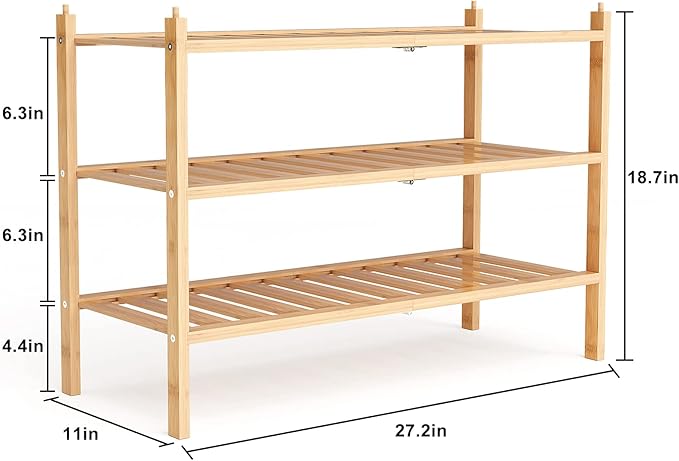 Shoe Rack, 3-Tier Bamboo Stackable Shelf Storage Organizer, Stand for Closet, Entryway, Hallway, Bathroom and Living Room(Natural)