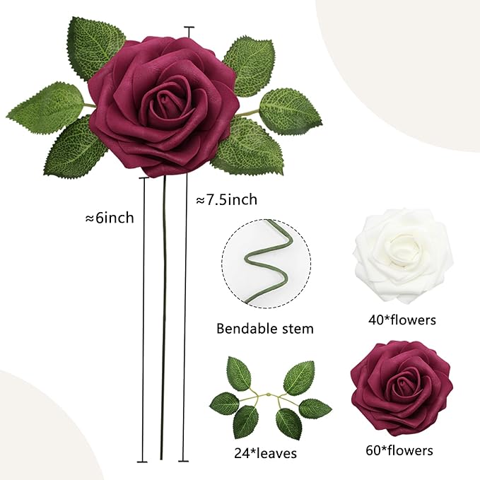 Artificial Flowers White Roses Real Looking Foam Fake Roses with Leaves and for DIY Wedding Bouquets Bridal Shower Centerpieces Party Decorations (Wine red & White, 50)
