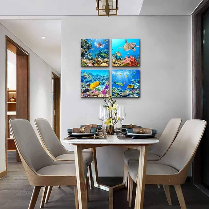 Bathroom Wall Decor Canvas wall art for living room Coral and Fish Modern Home Decor 4 Panels Stretched and Framed Ready to Hang blue Ocean Theme Sea Fish and sea Turtles undersea world Canvas Prints